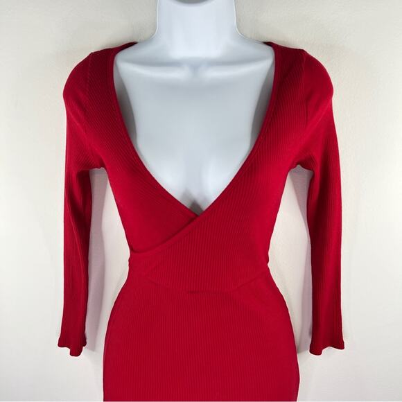 FREE PEOPLE Beach Red Ribbed Surplice Mini Dress NWT Long Sleeve Size XS Bodycon - Picture 4 of 8